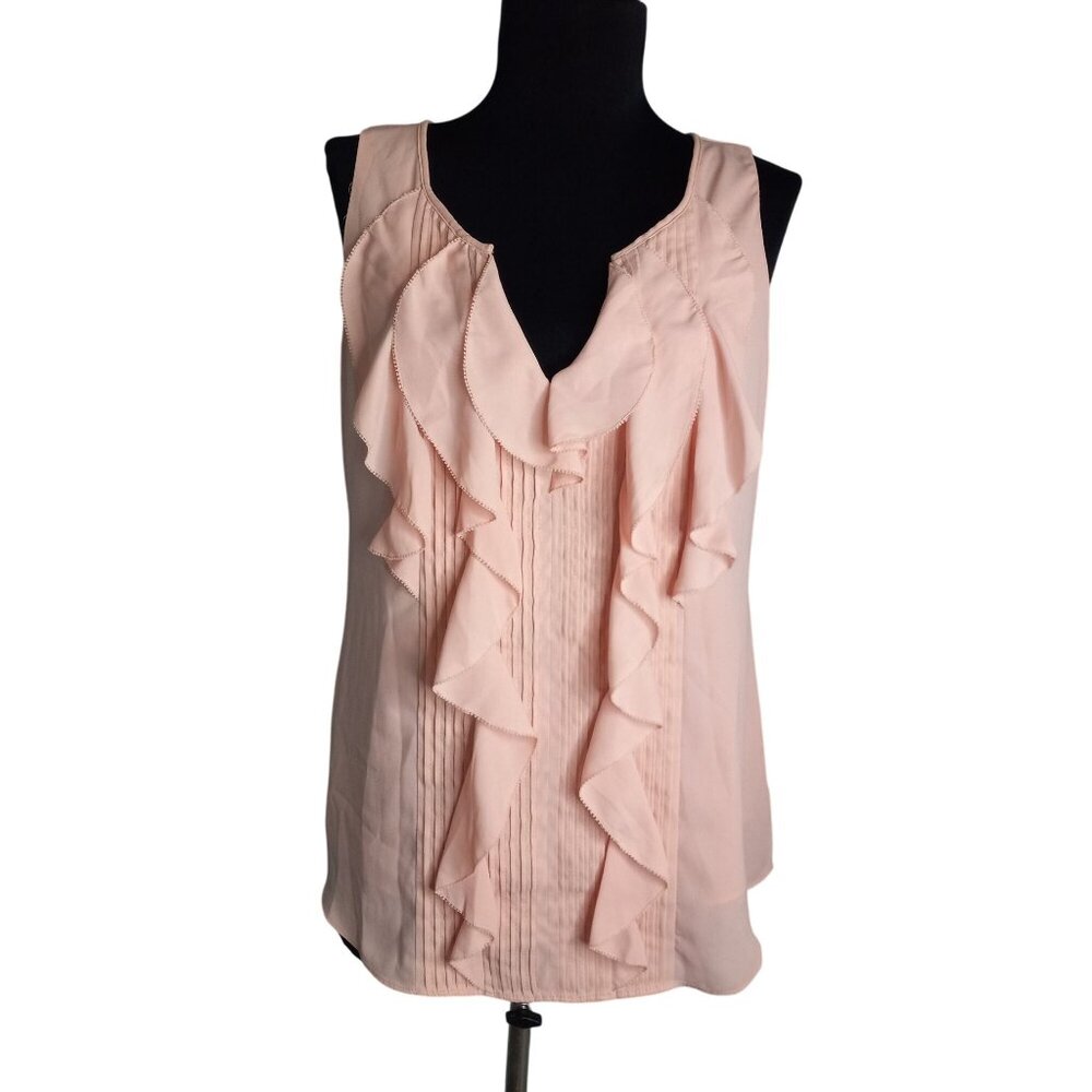 WHBM XS Blouse Top Ruffled Sleeveless Chiffon Pink Sheer Lined Pintuck Pleats
